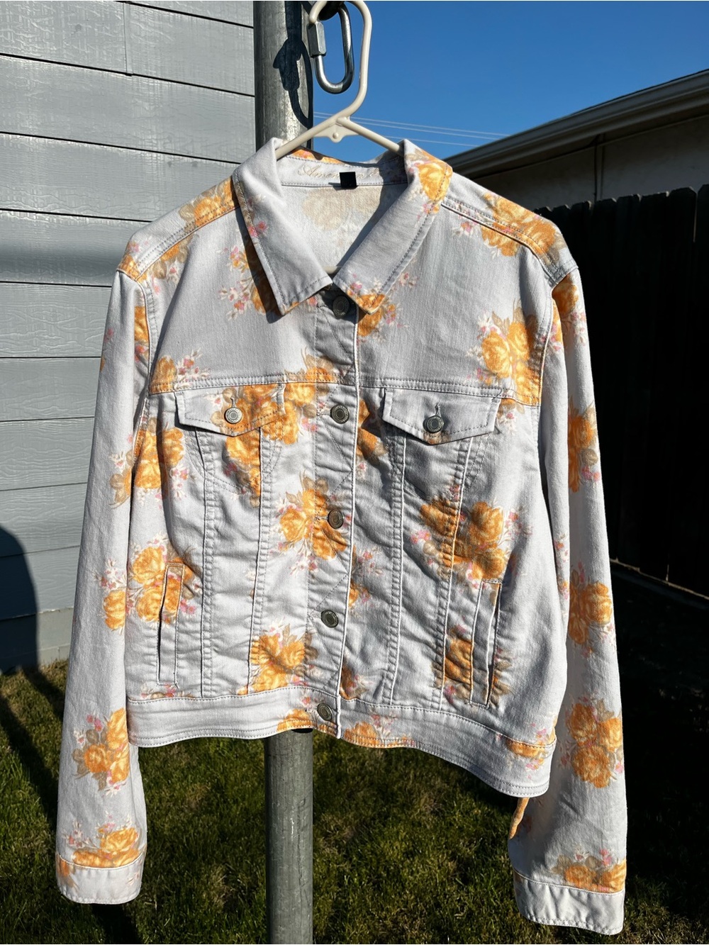 American Eagle Outfitters Gray Denim Jacket with Yellow Floral Pattern